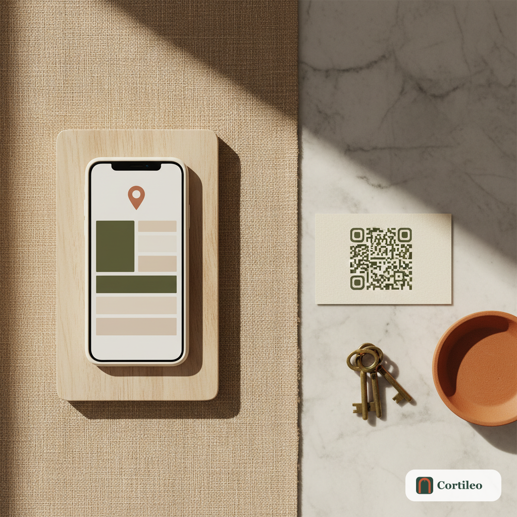 Composizione divisa che mostra uno smartphone con una guida digitale al check-in da un lato e un biglietto con QR code con chiavi in ottone dall'altro