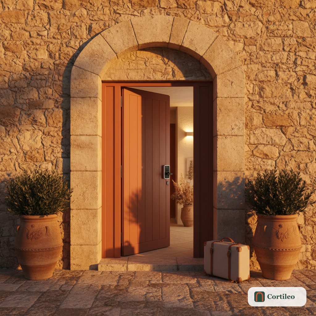 Un ospite che arriva all'ingresso di un'affascinante casa vacanze mediterranea al tramonto, con un tastierino smart lock visibile su una porta in terracotta