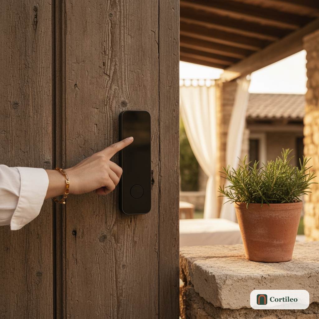 Primo piano di un moderno tastierino smart lock su una porta in legno con una mano che lo raggiunge, portico mediterraneo visibile sullo sfondo