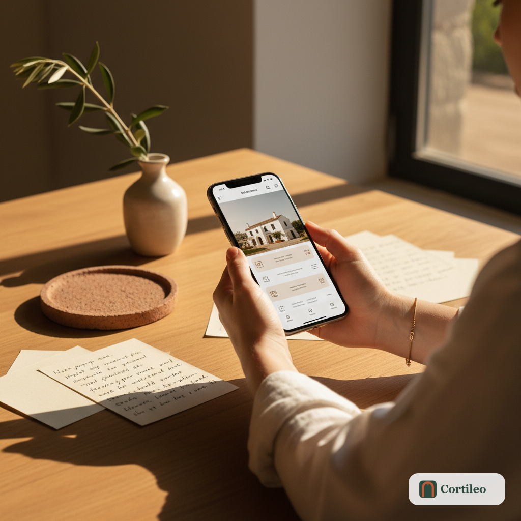 Mani che tengono uno smartphone che mostra un'interfaccia pulita di un guidebook builder, su una scrivania in legno illuminata dal sole con decorazioni mediterranee