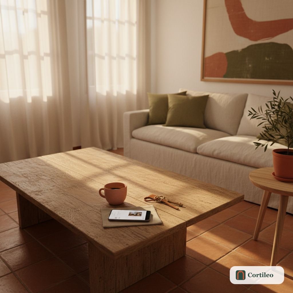 Un elegante soggiorno di una casa vacanze con un guidebook digitale visualizzato su uno smartphone appoggiato su un tavolino rustico