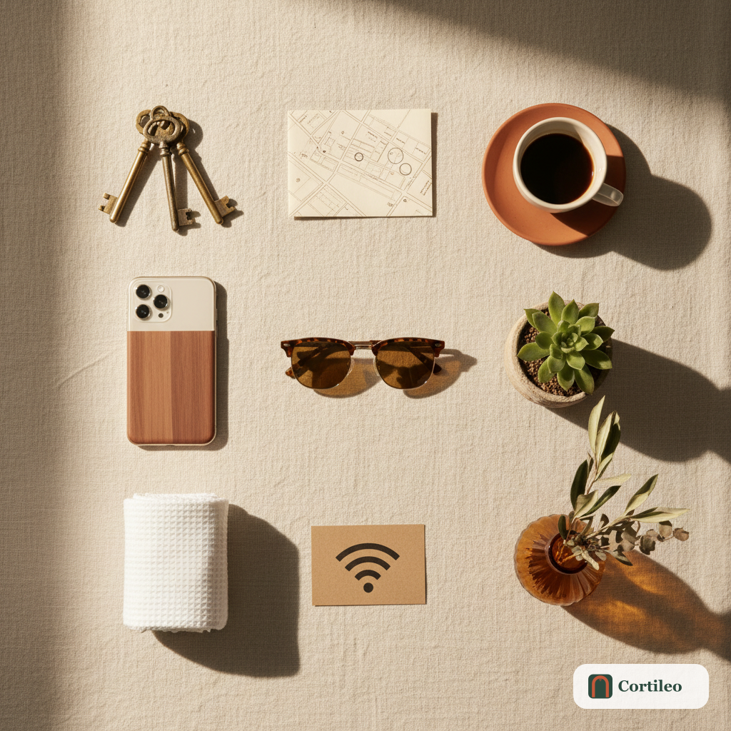 Vista dall'alto di oggetti che rappresentano l'esperienza di un soggiorno: chiavi in ottone, una mappa stampata, una tazza di caffè, uno smartphone, occhiali da sole e una scheda WiFi disposti su una tovaglia di lino