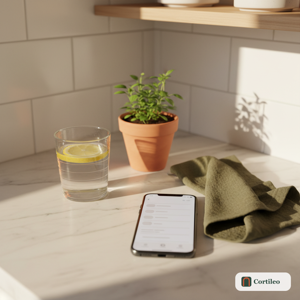Uno smartphone su un bancone di cucina in marmo che mostra un elenco ordinato di regole della casa, accanto a una piantina aromatica in un vaso di terracotta e un bicchiere di acqua e limone