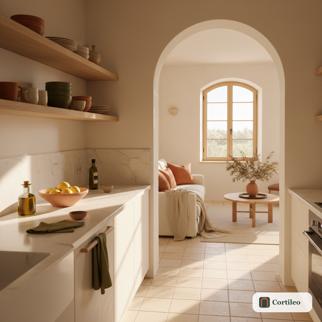 Una cucina e zona giorno di un affitto breve splendidamente organizzata con luce mediterranea calda, piani di lavoro puliti e arredamento in toni terra