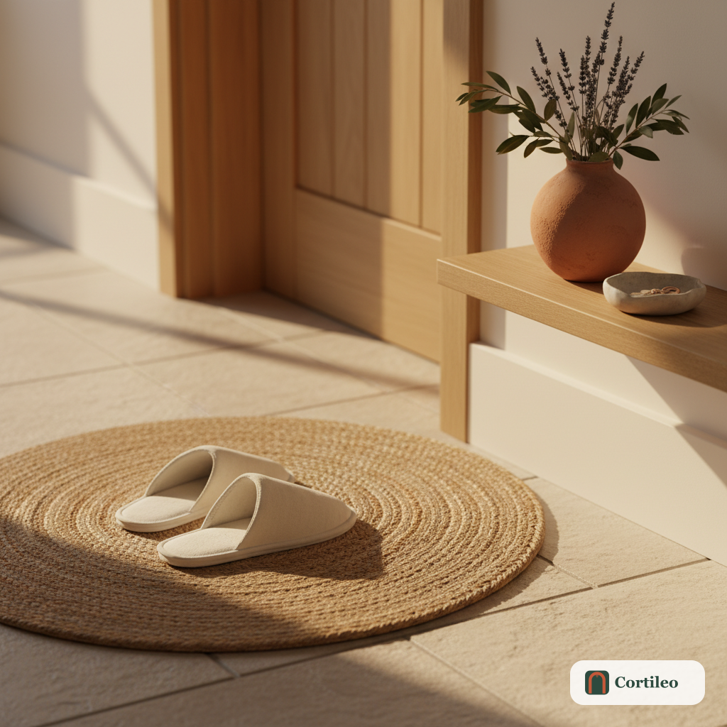 Un accogliente ingresso di una casa vacanze con pantofole per ospiti su un tappetino in juta, un vaso in terracotta con lavanda essiccata e morbida luce del mattino